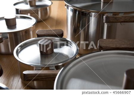 Stainless steel pot in the kitchen Stainless steel pot in the kitchen 45666907