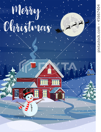 Santa Claus flies over the house in the snow. Santa Claus flies over the house in the snow. 45667404