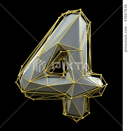 Low poly style number 4. Silver and gold color isolated on black background. 3d 45667636