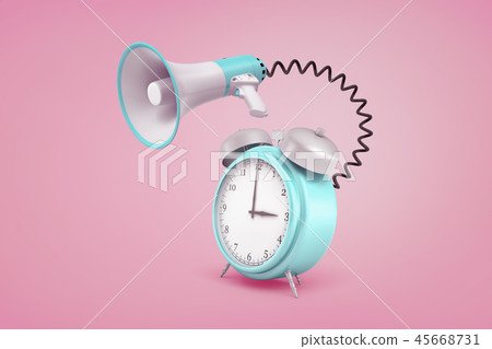 3d rendering of blue retro alarm clock connected to a megaphone with a black cord on a pink 45668731