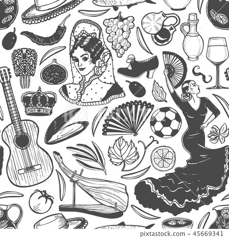 Pattern with Spanish Symbols in Hand-Drawn Style 45669341