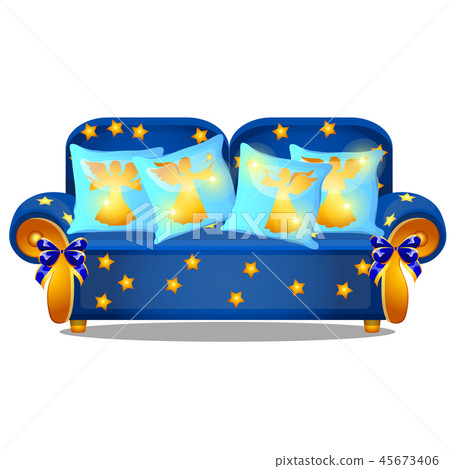 Blue sofa with gold armrests and an ornament in the form of yellow stars isolated on a white 45673406