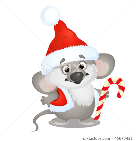 Cute koala bear in hat of Santa Claus with sweet candy cane isolated on white background. Sketch of 45673421