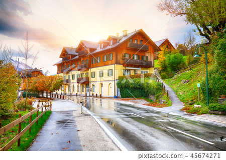 houses in Brauhof village on the lake Grundlsee. houses in Brauhof village on the lake Grundlsee. 45674271