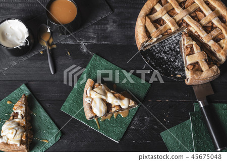 Apple pie with cream and caramel. Top view 45675048