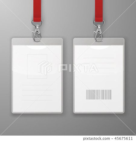 Two Vector Realistic Blank Office Graphic Id Cards with Clasp and Lanyard Closeup Isolated. Front Two Vector Realistic Blank Office Graphic Id Cards with Clasp and Lanyard Closeup Isolated. Front 45675611