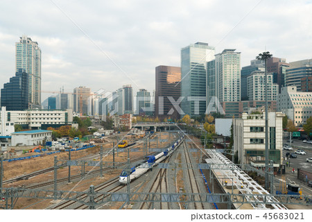 High speed KTX train traffic in Seoul, South Korea High speed KTX train traffic in Seoul, South Korea 45683021