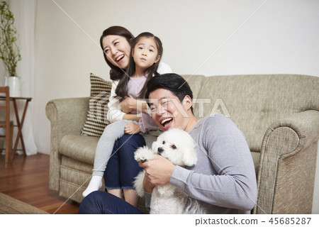 Family, Dad, Mom, Daughter, Puppy, Korean Family, Dad, Mom, Daughter, Puppy, Korean 45685287