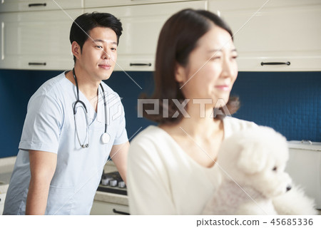Veterinarian, man, woman, adult, puppy 45685336