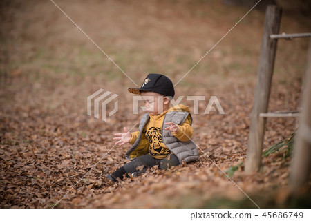 Children, Autumn, Fallen leaves, Olympic park, Outdoors, Child, Boy 45686749