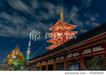 Senso-ji Temple Five-storied pagoda and Tokyo Sky Tree night view Senso-ji Temple Five-storied pagoda and Tokyo Sky Tree night view 45688849
