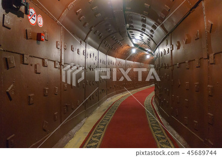 Moscow, Russia - October 25, 2017: Tunnel at Bunker-42, anti-nuclear underground facility built in Moscow, Russia - October 25, 2017: Tunnel at Bunker-42, anti-nuclear underground facility built in 45689744