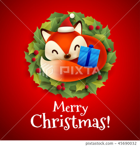 Christmas Greeting Card with Cute Little Fox - Stock Illustration ...