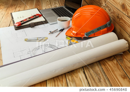 Helmet and measurement tool on blueprint Helmet and measurement tool on blueprint 45690848