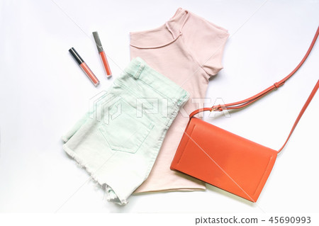 flat lay of woman clothes and accessories set. 45690993