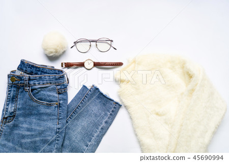 flat lay of woman clothes and accessories set. 45690994