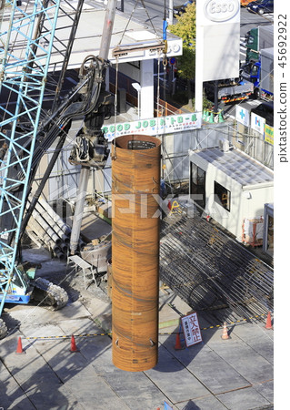Construction site: Foundation work: Guide pipes and rebar connection work Construction site: Foundation work: Guide pipes and rebar connection work 45692922