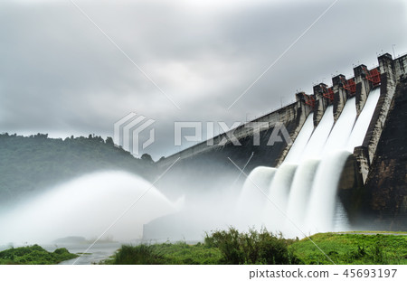 Dam water release Water spills over the top of dam Dam water release Water spills over the top of dam 45693197