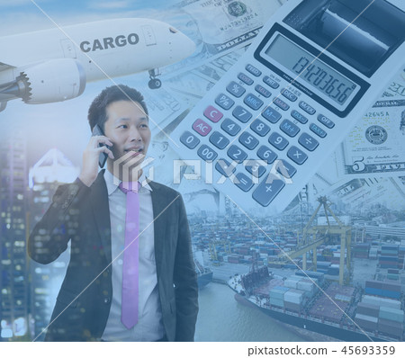 Double exposure of businessman talking on the phon 45693359