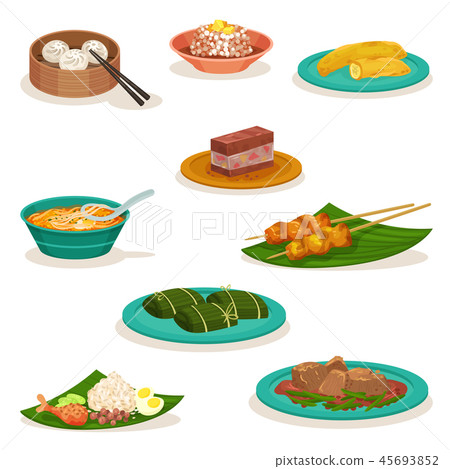 Flat vector set of traditional Malaysian dishes. Sweet desserts and snacks. Asian food 45693852