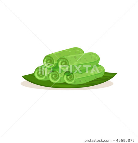 Flat vector icon of kuih ketayap on green leaf. Traditional Malaysian dessert. Sweet food. Asian Flat vector icon of kuih ketayap on green leaf. Traditional Malaysian dessert. Sweet food. Asian 45693875