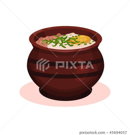 Traditional clay ceramic soup pot, Bulgarian cuisine national food dish vector Illustration on a 45694037