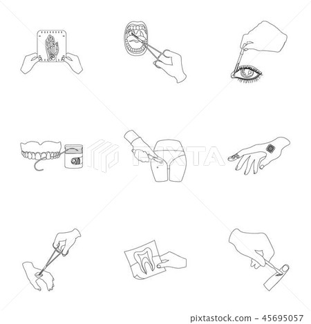 Anesthetic injection, examination of the tooth and other web icon in outline style. wound treatment 45695057