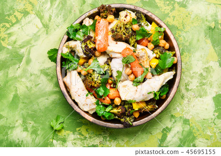 Chicken with vegetables and chickpeas in Indian Chicken with vegetables and chickpeas in Indian 45695155