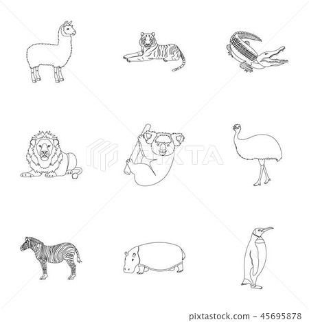 Ostrich emu, crocodile, giraffe, tiger, penguin and other wild animals. Artiodactyla, mammalian Ostrich emu, crocodile, giraffe, tiger, penguin and other wild animals. Artiodactyla, mammalian 45695878