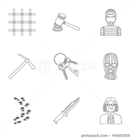 Set of images about the prison and prisoners. Surveillance of thieves, court, crime and punishment 45695889
