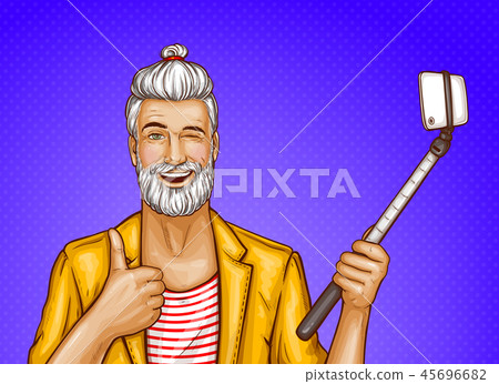 old man with selfiestick and smartphone 45696682