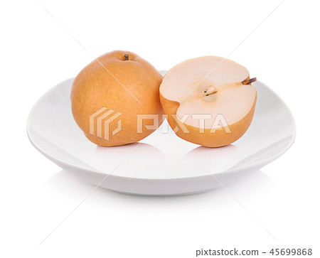 Nashi pear fruit on plate over white background Nashi pear fruit on plate over white background 45699868