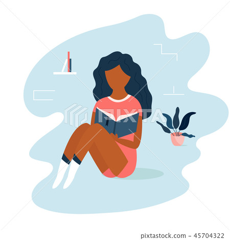 Girl sitting and reading a book in a room. Girl sitting and reading a book in a room. 45704322