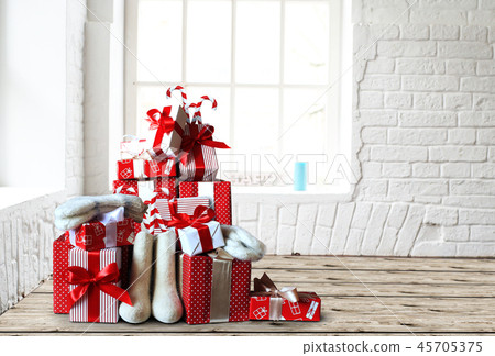 Christmas and new year gifts in red package 45705375