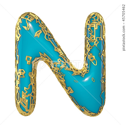 Golden shining metallic 3D with blue paint symbol capital letter N - uppercase isolated on white. 3d 45705462