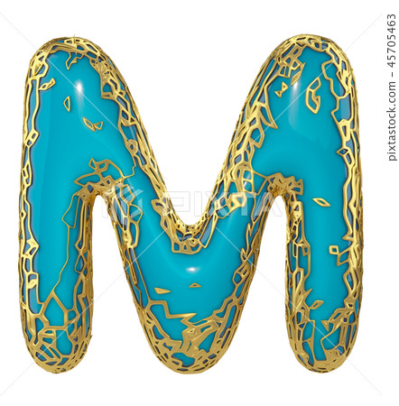 Golden shining metallic 3D with blue paint symbol capital letter M - uppercase isolated on white. 3d 45705463