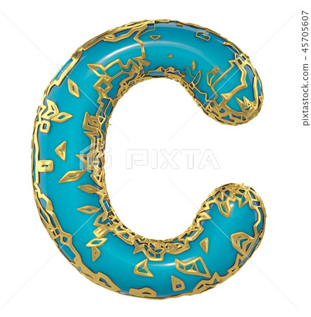 Golden shining metallic 3D with blue paint symbol capital letter C - uppercase isolated on white. 3d 45705607