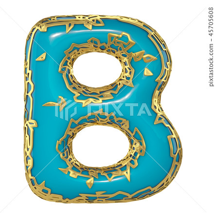 Golden shining metallic 3D with blue paint symbol capital letter B - uppercase isolated on white. 3d 45705608