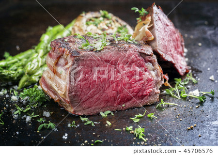 Barbecue Wagyu Point Steak with green Asparagus  45706576
