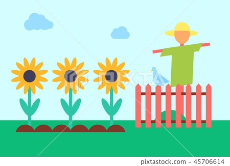 Scarecrow and Sunflower Field Vector Illustration 45706614