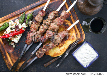 Traditional Shashlik with Salad and Yufka Bread  45706872