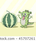 Dragon looking at watermelon. Cartoon green alien 45707261