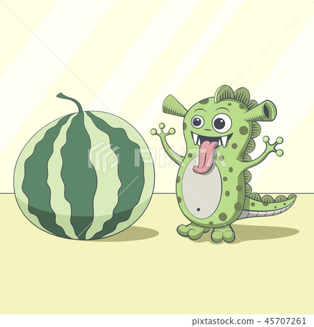 Dragon looking at watermelon. Cartoon green alien Dragon looking at watermelon. Cartoon green alien 45707261