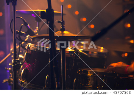 Rock drum set. Warm toned close-up photo 45707568
