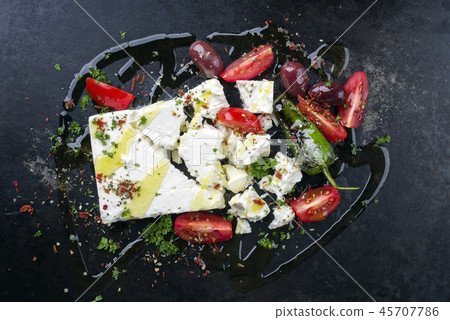 Traditional Greek Feta with Vegetable as top view Traditional Greek Feta with Vegetable as top view 45707786