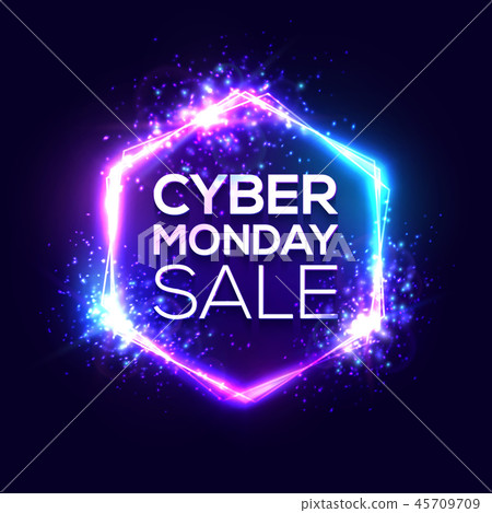 Cyber Monday sale background with neon light frame. Hexagon logo on dark blue. 3d geometric shape 45709709