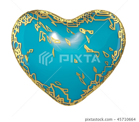 heart made in golden shining metallic 3D with blue paint isolated on white background. heart made in golden shining metallic 3D with blue paint isolated on white background. 45710664
