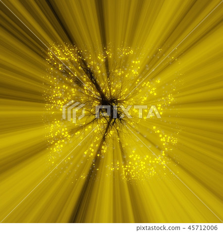 Lonely tree without leaves in fog or mist lit by bright orange sun god rays in space surrounded by 45712006