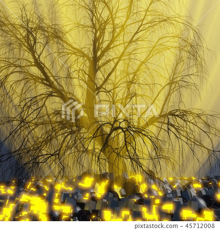 Lonely tree without leaves in fog or mist lit by bright orange sun god rays in space surrounded by 45712008