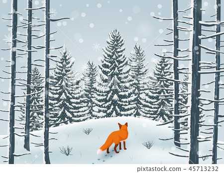Happy Winter with Forest Landscape and fox animal 45713232